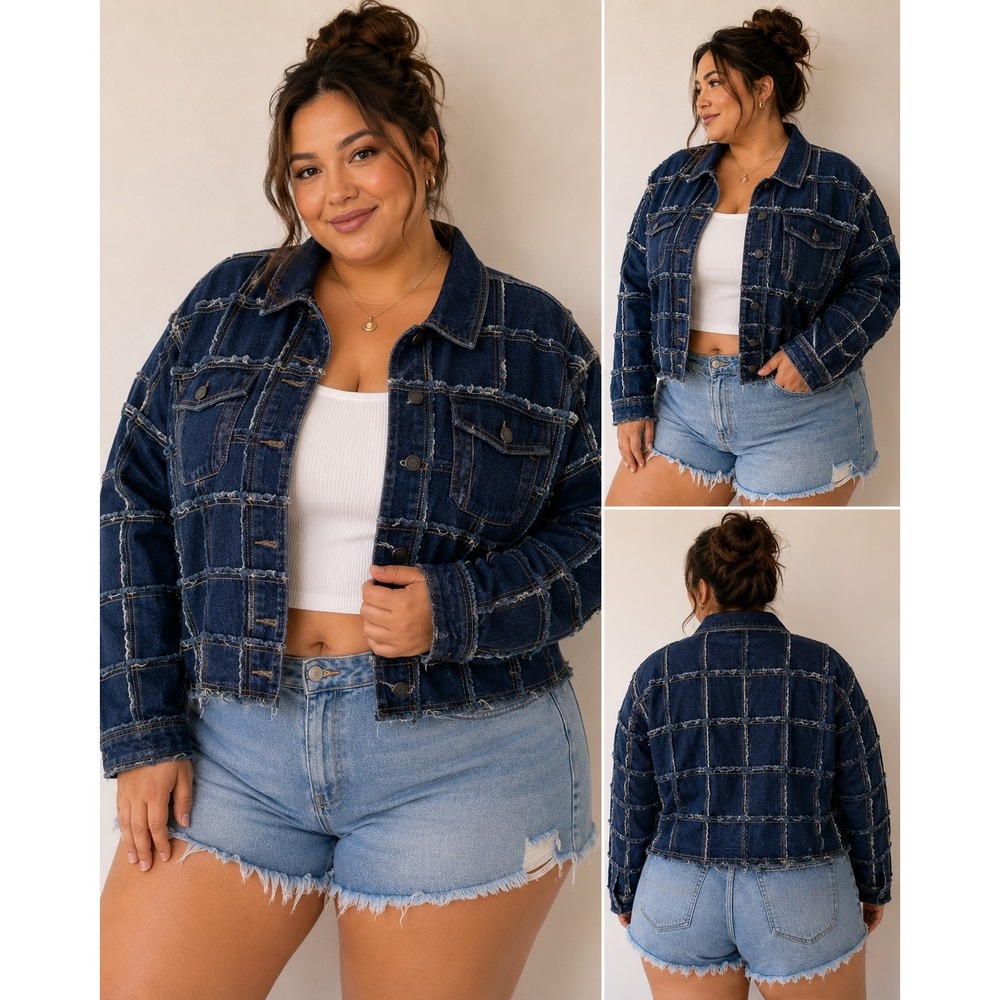 Baby Phat Denim Jacket XXL Dark Wash Patchwork Frayed Grid Distressed Trucker
